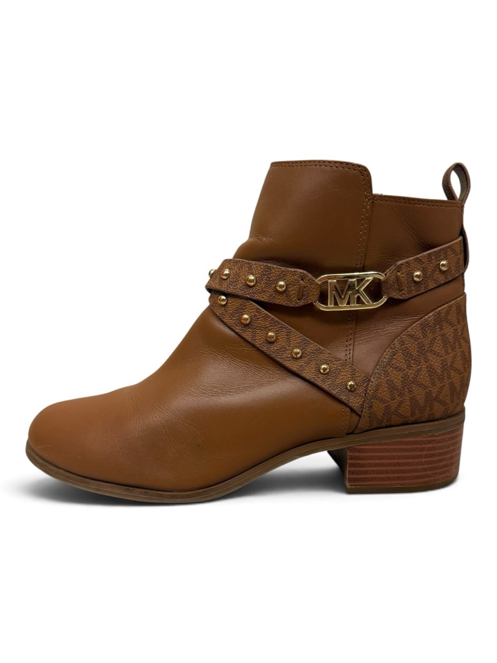 Michael Kors Cognac Brown Leather Ankle Booties with MK Buckle Strap